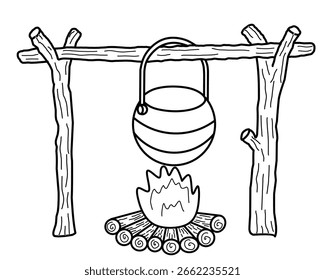 Simple Camping Cauldron Over a Campfire Black and White