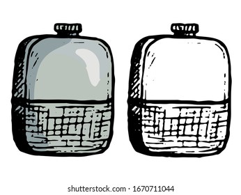 Simple camping flask. Hand drawn vector illustration. Set of contour and color drawing isolated on white. Doodles element for design, print, sticker. Vintage, ink sketch, engraving, realistic style.