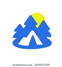 Simple camping graphic with mountains and sun