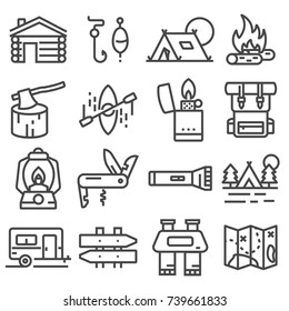 Simple camping icons set. Vector liner style illustrations