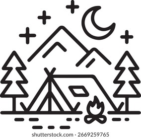 Simple arte de línea de camping con tienda y árboles.