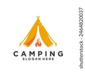 Simple camping logo with tent shape and fire