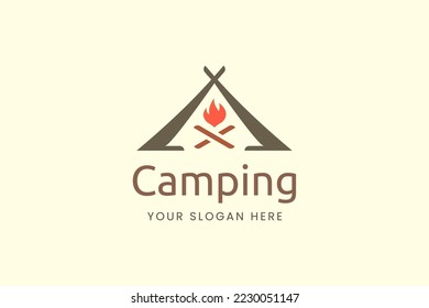 Simple camping logo with tent shape and fire