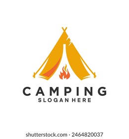 Simple camping logo with tent shape and fire