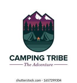 Simple camping at night badge logo design vector. Forest, Mountain, camping tent vector illustration