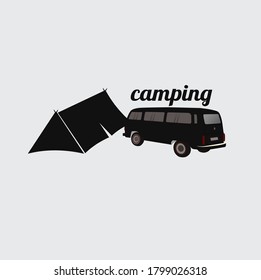Simple Camping Tent with classic car Symbol Logo Vector