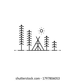 Simple ilustración vectorial de camping. Icono de paisaje, estilo de línea delgada, trazo editable, aislado en fondo blanco