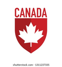 A simple Canadian crest featuring a sharp maple leaf icon over a red shield.
