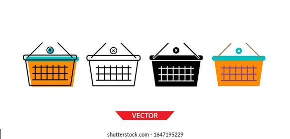 Simple cancel shopping basket icon on white background 4 types such as outline, black, color, outline and color. Vector illustration.