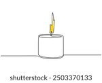 Simple candlelight continuous line drawing. Minimalist design for isolated illustrations on white background.