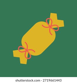 Ilustración de caramelo simple con una envoltura amarilla sobre un fondo verde. El diseño de caramelos presenta arcos. Gráfico de caramelo brillante para temas festivos. Caramelo dibujado a mano en Vector de fondo verde.