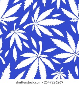 Patrón simple de hojas de cannabis. Planta médica. Hojas de cáñamo sobre fondo azul. 