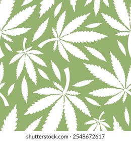 Patrón simple de hojas de cannabis. Planta médica. Hojas de cáñamo sobre fondo verde claro. 