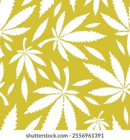 Simple Cannabis Leaves Pattern. Medical Plant. Hemp Leaves on Yellow Background. 