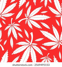 Simple Cannabis Leaves Pattern. Medical Plant. White Hemp Leaves on Red Background. 