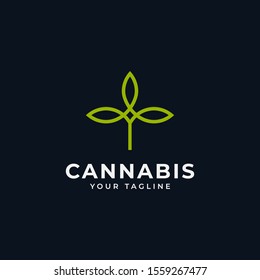Simple Cannabis Marijuana CBD Hemp Leaf Line Logo Design Template