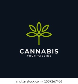 Simple Cannabis Marijuana CBD Hemp Leaf Line Logo Design Template