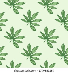 Siluetas simples de cannabis con un patrón sin fisuras. Hojas verdes contorneadas sobre fondo pastel claro. Fondo decorativo para papel pintado, papel envolvente, papel textil, tela. Ilustración vectorial.