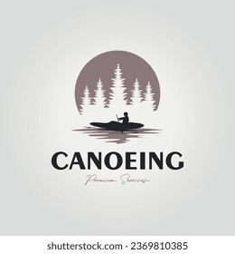 simple canoe logo on lake and forest, illustration design of water rafting with kayak at sunset icon