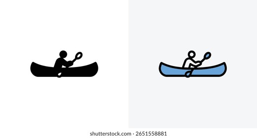 Simple canoeing silhouette depicts a paddler in a boat; displayed are a solid black version and a blue outline style, presented on a white background.