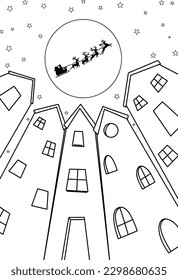 A simple canonical image of a Christmas card. Picture coloring book with simple details for new year and christmas. Santa flying in a sleigh with reindeer over the city. Cute Christmas card for paints