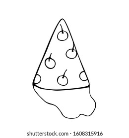 Simple cap with cherries. Hand drawn vector illustration, black lines on white, Doodle, sketch, cute, funny, childish. For decoration of holidays, birthdays. For coloring book.