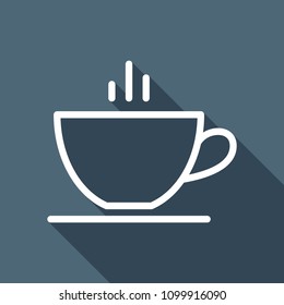 Simple cap of coffee or tea. Linear icon with thin outline. White flat icon with long shadow on background