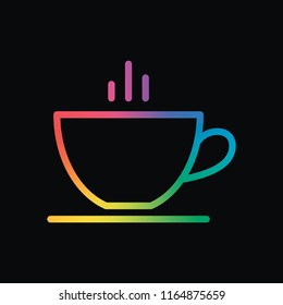 Simple cap of coffee or tea. Linear icon with thin outline. Rainbow color and dark background