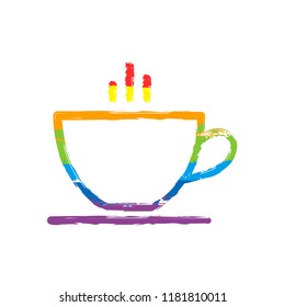 Simple cap of coffee or tea. Linear icon with thin outline. Drawing sign with LGBT style, seven colors of rainbow (red, orange, yellow, green, blue, indigo, violet