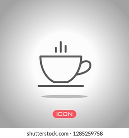 Simple cap of coffee or tea. Linear icon with thin outline. Icon under spotlight. Gray background