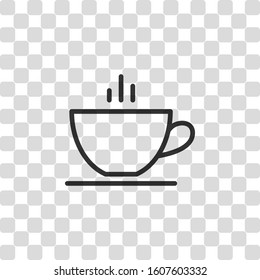 Simple cap of coffee or tea. Linear icon with thin outline. Black symbol on transparency grid