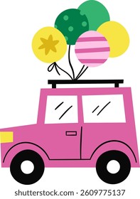A simple car with colorful balloons tied to its roof in a playful drawing style. The vehicle is depicted with vibrant balloons floating above in a minimalist manner. Cartoon vector illustration.