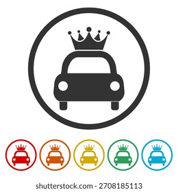 Coche simple con el icono de la corona. Establecer íconos en Botones de círculo de color