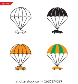 Simple car flying on parachute icon on white background 4 types such as outline, black, color, outline and color. Vector illustration.