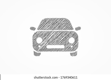 Simple Car icon. Black Shape Hand Drawn Pencil Sketch in Scribble Style isolated on White Background. Flat Vector Icon Design Template Element
