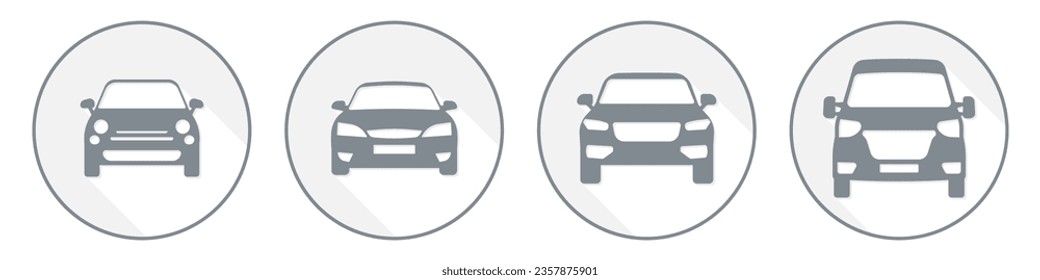Simple car icon collection in a circle with a flat shadow. Front view symbol of auto, vehicle, automobile, sedan, van. Transport, car sharing, or delivery concept icons. Flat style vector illustration