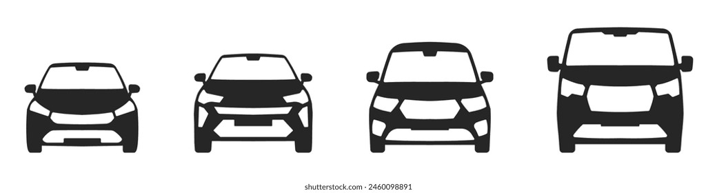 Colección simple del icono del coche aislado en un fondo blanco. Símbolo de vista frontal de auto, vehículo, automóvil, sedán, camioneta. Iconos de concepto de transporte, coche compartido o entrega. Ilustración vectorial de estilo plano