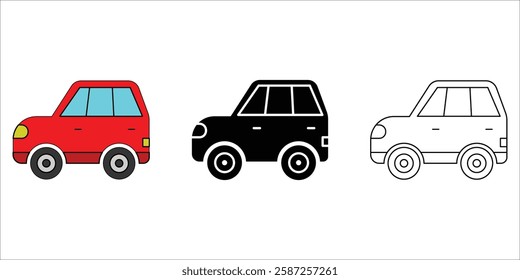 simple car icon with three variation outline , color and black 