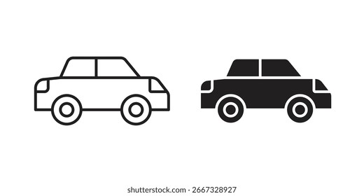 Ícones de carro simples, uma arte de linha e um preto sólido, mostrados na vista de perfil lateral, isolados em branco.