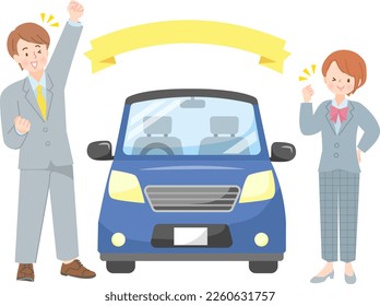 Simple car with male and female salesman in car