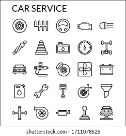 Simple Car Service Line Style Contain Such Icon as Tire, Engine, Steer, Lamp, Shock Breaker, Brake, Suspension, Accu, Exhaust, Fan, Filter and more. 64 x 64 Pixel Perfect