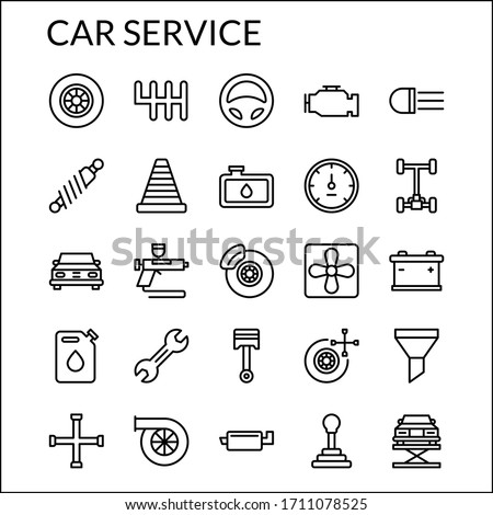 Simple Car Service Line Style Contain Such Icon as Tire, Engine, Steer, Lamp, Shock Breaker, Brake, Suspension, Accu, Exhaust, Fan, Filter and more. 64 x 64 Pixel Perfect