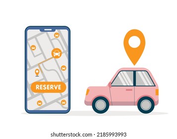 Simple car sharing illustration with big smartphone with free car search and reservation map and pink car in flat style.