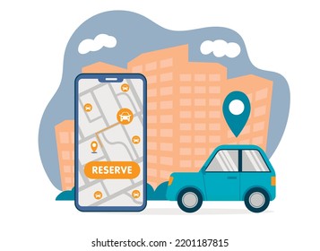 Simple car sharing illustration with big smartphone with free car search and reservation map and flat style pink car on city skyscrapers background.