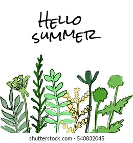 A simple card in art style  for kids as a coloring picture made by markers.  An unusual greeting card hello summer