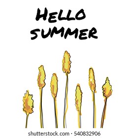 A simple card in art style  for kids as a coloring picture made by markers.  An unusual greeting card hello summer with a grungy marker lettering