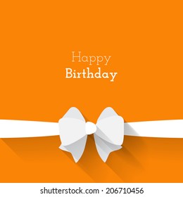 Simple card for birthday with a white paper bow on orange background