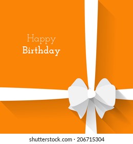 Simple card for birthday with a white paper bow on orange background