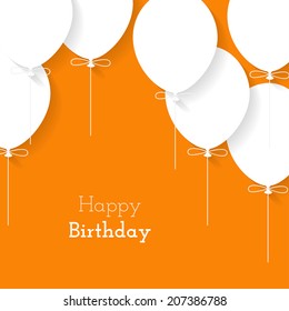 Simple card for birthday with a white paper balloons on orange background