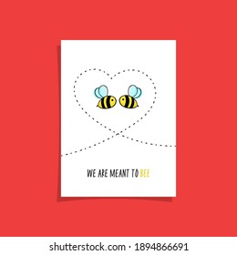 Simple card design with two bees in the sky drawing heart. Cute illustration with cute bees.
